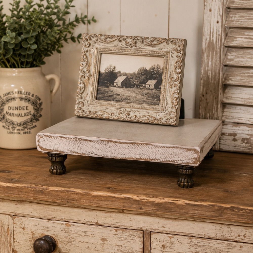 Handmade Wood Riser 7x7 Distressed White Farmhouse Pedestal Stand Metal Feet
